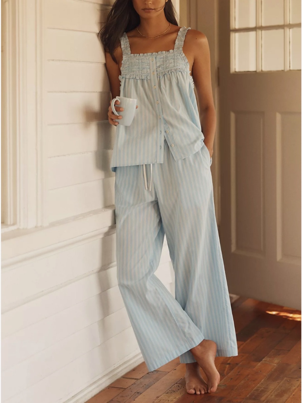 ANTHROPOLOGIE LYREBIRD COTTON BUTTON-FRONT SWING PAJAMA SET STRIPE BLUE S